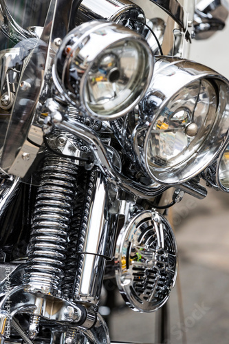 KIEV, UKRAINE - 5 OCTOBER, 2019: Harley Davidson motorcycle gear elements close-up shot.