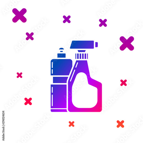 Color Plastic bottles for liquid laundry detergent, bleach, dishwashing liquid or another cleaning agent icon isolated on white background. Gradient random dynamic shapes. Vector Illustration