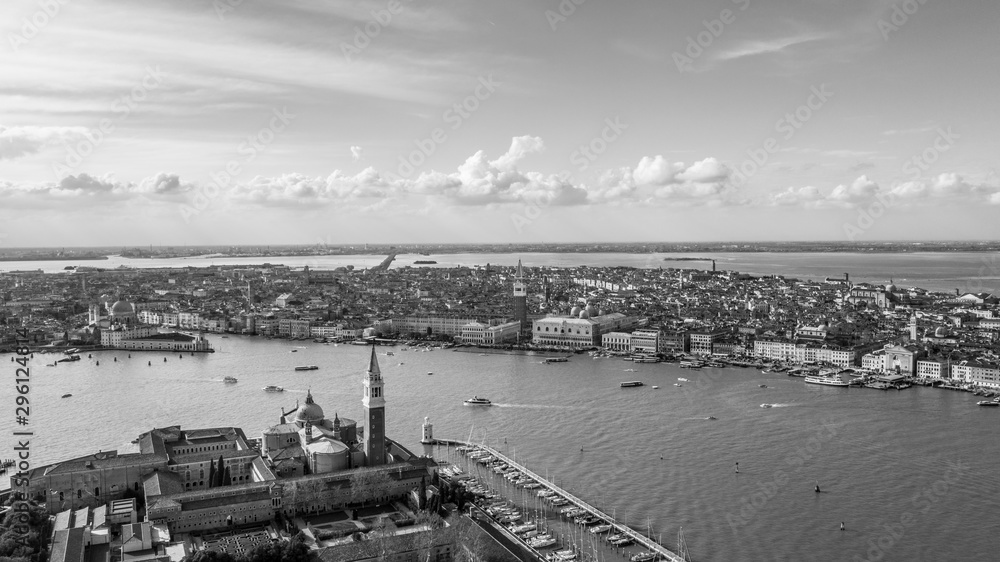 black and white view over Venice Italy Europe. Venice from above with a drone. aerial view over the beautiful city of Venice Italy. Amazing Venice image wallpaper