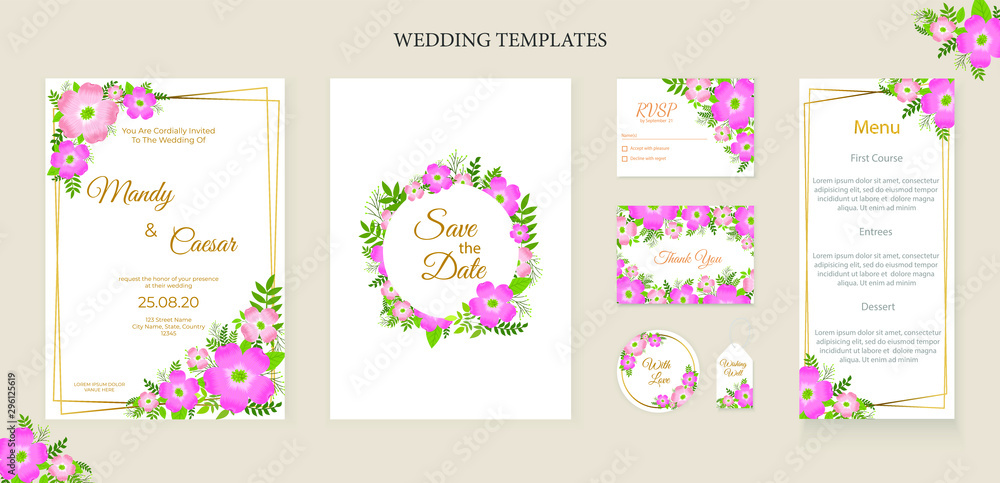 Set Floral Wedding Invitation Card Template Flower. Beautiful Wedding Card. Vector Illustration