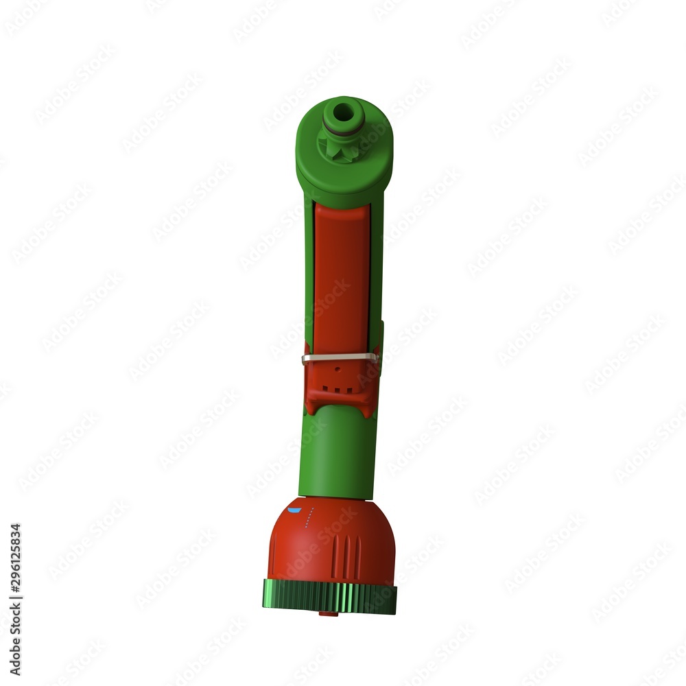 Obraz premium Nozzle on a hose for watering. Hose nozzle spraying water isolated on white background. 3D rendering of excellent quality in high resolution. It can be enlarged and used as a background or texture.