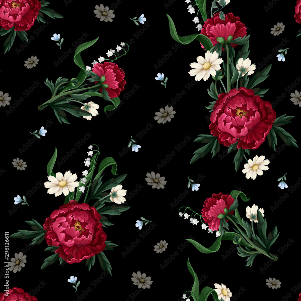 Seamless pattern with burgundy peonies. Vector.