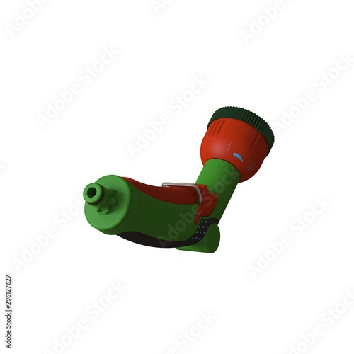 Nozzle on a hose for watering. Hose nozzle spraying water isolated on white background. 3D rendering of excellent quality in high resolution. It can be enlarged and used as a background or texture.