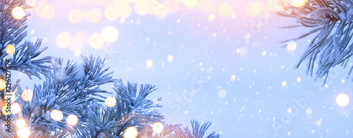 Christmas Lantern. Christmas and New Year holidays background with Christmas Tree and holiday light, winter season