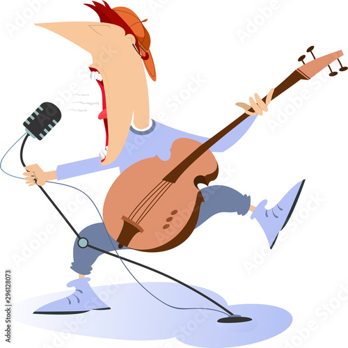 Cartoon expressive guitarist illustration. Guitarist is playing music and singing with the great inspiration isolated on white