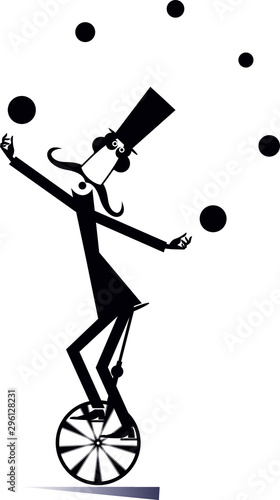 Equilibrist mustache man rides on the unicycle and juggles the balls illustration. Funny long mustache man in the top hat balances on the unicycle and juggles the balls black on white