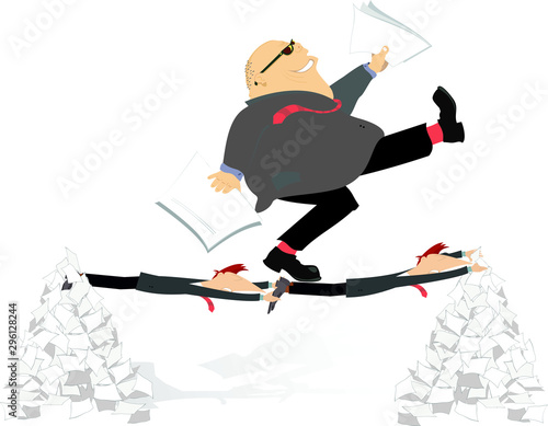 Boss and employees concept illustration.   Employees make a bridge to their boss from one pile of papers to another holding each other by foots illustration