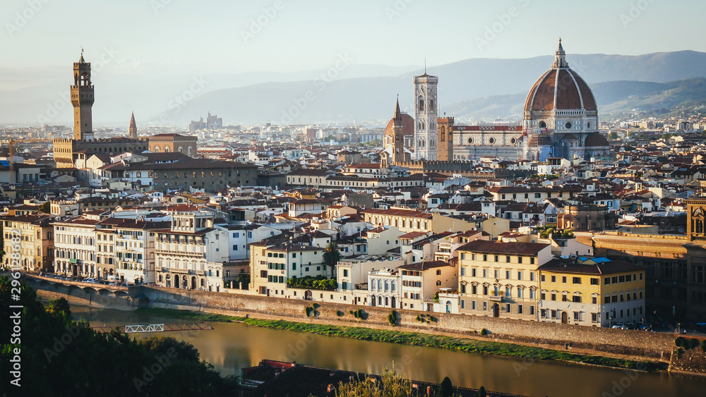 Florence city. Panoramic view to the river Arno, with Ponte Vecchio, Palazzo Vecchio and Cathedral of Santa Maria del Fiore ,Duomo.