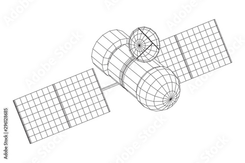 Space station communications satellite. Wireframe low poly mesh vector illustration.