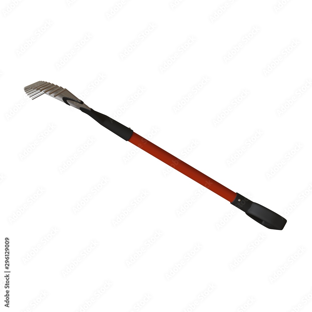 Garden rake on a white background, isolate. 3D rendering of excellent quality in high resolution. It can be enlarged and used as a background or texture. Garden rake on a white background, isolate. 3D rendering of excellent quality in high resolution. It can be enlarged and used as a background or texture.
