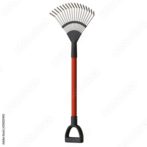 Garden rake on a white background, isolate. 3D rendering of excellent quality in high resolution. It can be enlarged and used as a background or texture.