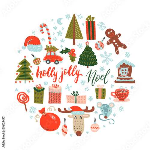 Flat color Doodle vector Christmas design elements. Hand drawn illustration gift, hat, deer, mittens, snowflakes. Round background for greeting card, poster