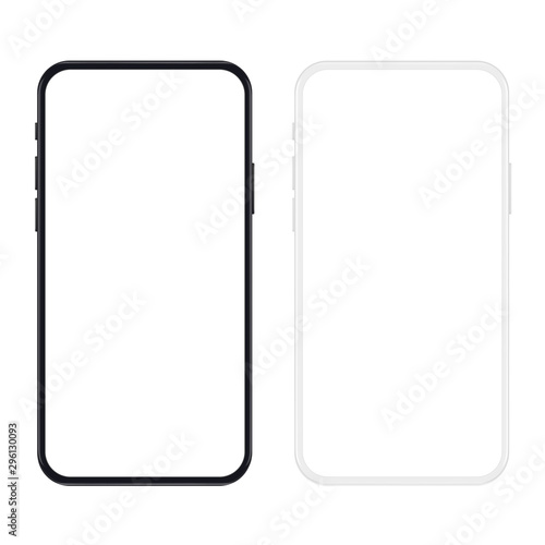 New version of black and white slim smartphone with blank white screen. Realistic vector illustration