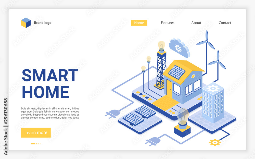 Smart home landing page vector template. Modern eco friendly technology website homepage interface layout with isometric illustration. Renewable energy sources web banner, webpage 3D concept