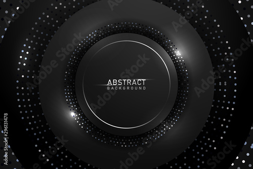 Abstract dark background with silver shiny circle glitter and sparkle elements. Black background, banner presentation. Luxury and Creative design in EPS10 vector illustration.