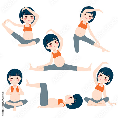 Young asian beautiful pregnant woman set poses collection training and exercising