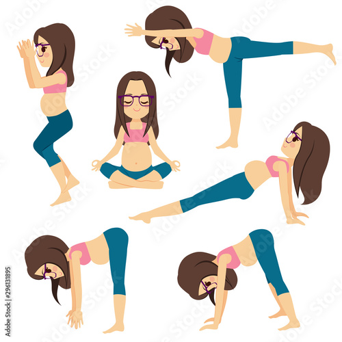 Young pregnant woman with glasses set poses collection training and exercising