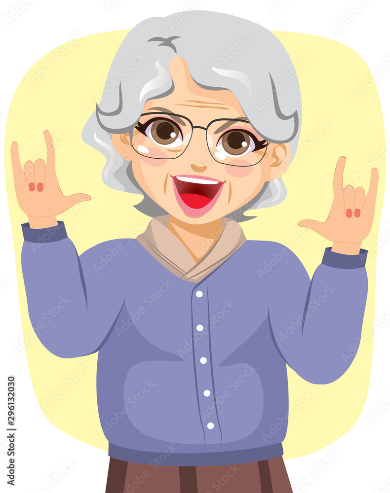 Illustration of funny grandmother rocking with horn hands up Illustration of funny grandmother rocking with horn hands up