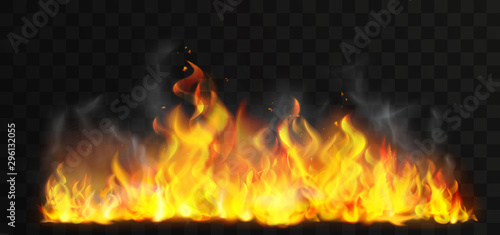 Raging fire realistic vector illustration. Dangerous phenomenon, firestorm isolated on transparent background. Natural disaster, hell decorative design element. Hot blaze, wildfire with smoke