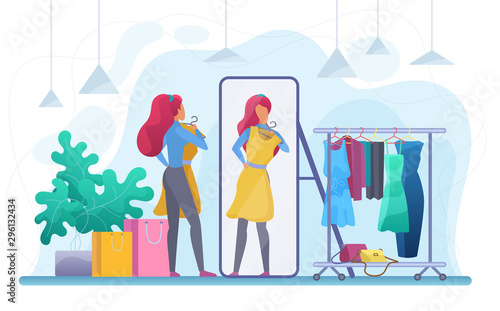 Girl trying on dress flat vector illustration. Fashion boutique, garments store customer cartoon character. Young woman choosing new apparel, shopaholic looking in mirror. Wardrobe update, consumerism