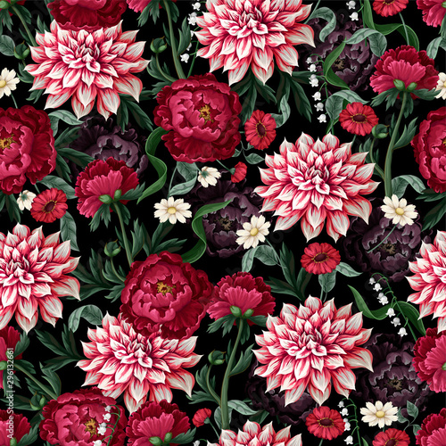 Foto Seamless pattern with dahlia, peonies and wild flowers. Vector.