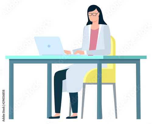 Doctor working with laptop, nurse character using computer, clinic workplace. Portrait view of medical employee at cabinet, hospital consultation. Vector illustration in flat cartoon style