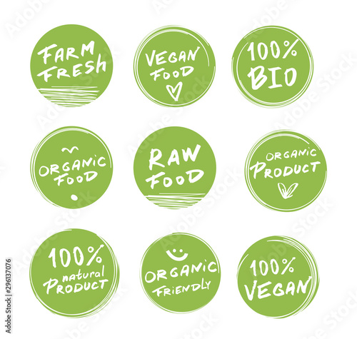 Eco label bio icon.Organic stamp food green grunge logo.Sticker vegan vintage.Fresh healthy vegetarian labels and tags. Vector hand drawn illustration.Green concept.Nutrition veggie plants.