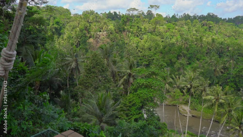Little boy swings on swings in a tropical surrounding. Travel to Bali concept Little boy swings on swings in a tropical surrounding. Travel to Bali concept