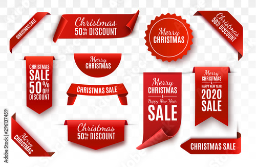 Christmas Sale Tags collection. Red scrolls and banners isolated. Merry Christmas and Happy New Year labels. Vector Price Tags illustration