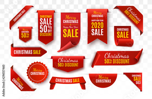 Christmas Sale Tags collection. Red scrolls and banners isolated. Merry Christmas and Happy New Year labels. Vector Price Tags illustration