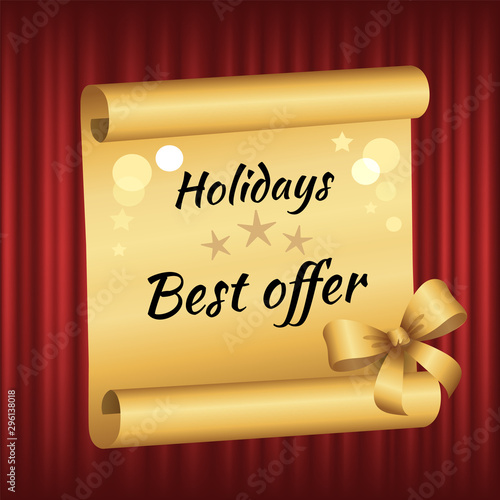 Hot price, big sale, best offer vector, offer badge with proposition flat style. Red curtain theater background for label or sticker, shop or store holidays sale deals and clearance