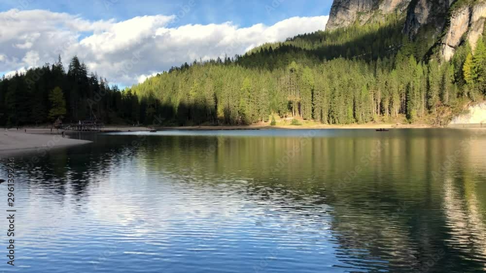 View of Pragser Wildsee or Braies Lake at autumn, located in the Prags valley in South Tyrol, Dolomites, Italy View of Pragser Wildsee or Braies Lake at autumn, located in the Prags valley in South Tyrol, Dolomites, Italy