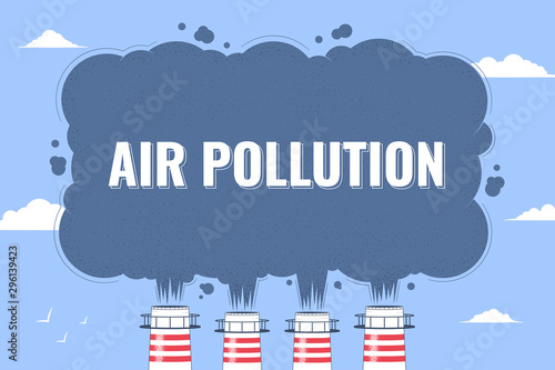 Air pollution. Factory pipes emits smoke. Smoke from the chimneys of the plant on the background of clouds. The concept of environmental pollution. Vector illustration