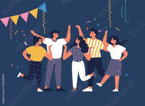 Vector illustration young people having great time. Positive emotions concept. Group of characters enjoying themselves and celebrating. Night party.