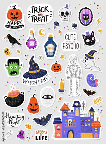Set of cartoon Halloween stickers. Hand drawn vector illustration.