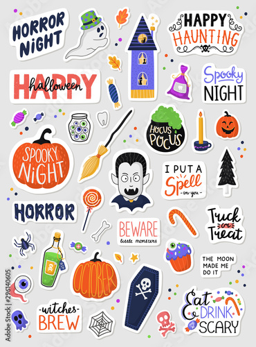 Set of cartoon Halloween stickers. Hand drawn vector illustration.