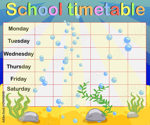 School timetable with marine themes, table, underwater