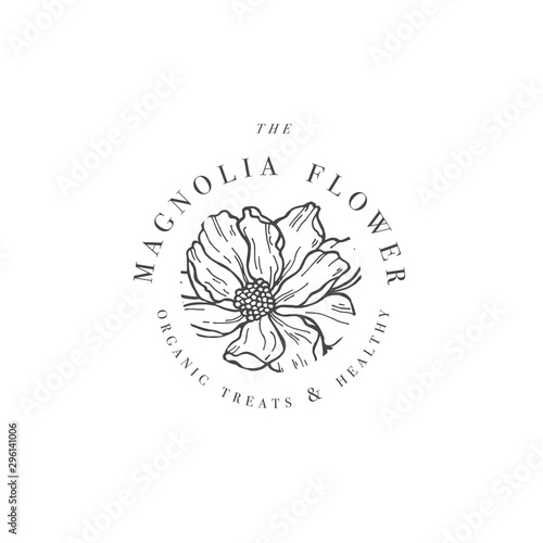 Hand draw vector magnolia flowers logo illustration. Floral wreath. Botanical floral emblem with typography on white background.