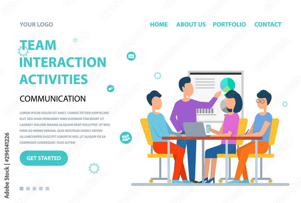 Team interaction activities vector, man and woman sitting by table discussion and brainstorming. Conference and seminar, presentation whiteboard. Website or webpage template, landing page flat style