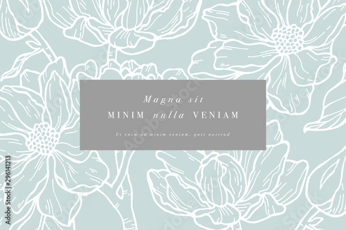 Vintage card with magnolia flowers. Floral wreath. Flower frame for flowershop with label designs. Summer floral magnolia greeting card. Flowers background for cosmetics packaging.