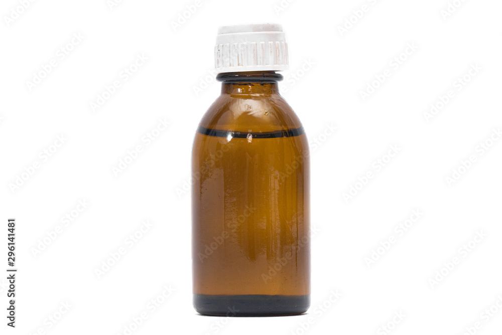 Brown bottle with liquid medicine isolated on white background. Brown bottle with liquid medicine isolated on white background.
