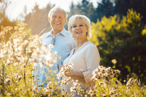 Senior couple standing side by side on a meadow