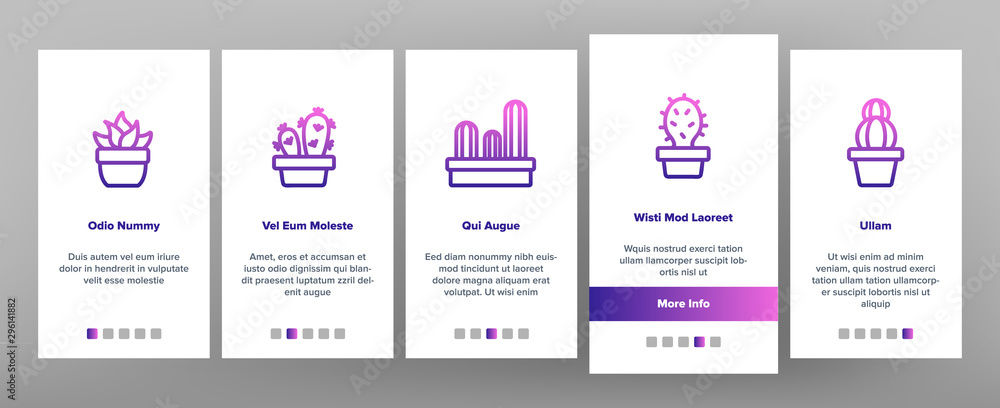 Cactus Domestic Plant Onboarding Mobile App Page Screen Vector Thin Line. Different Cactus And Succulent With Thorn, Spike And Flower Concept Linear Pictograms. Houseplants Color Contour Illustrations