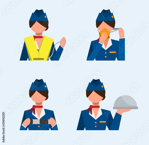 flight attendant icon set, safety instructions, flat illustration vector