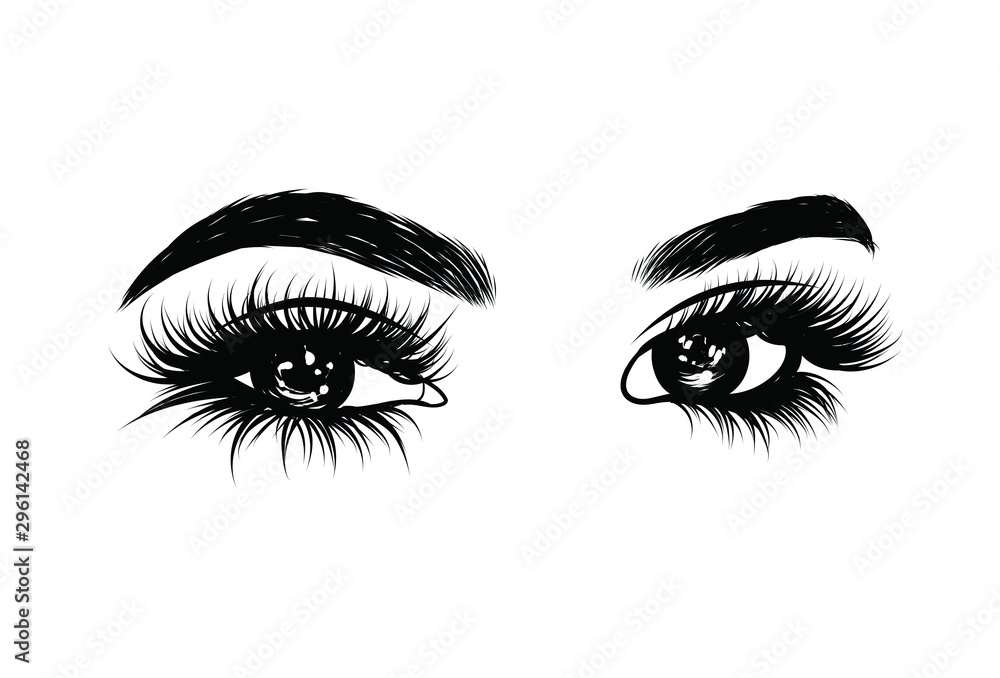 Fototapeta premium Abstract fashion illustration of the eye with creative makeup. Hand drawn vector idea for business visit cards, templates, web, salon banners,brochures. Natural eyebrows and glam eyelashes