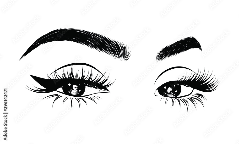 Abstract fashion illustration of the eye with creative makeup. Hand drawn vector idea for business visit cards, templates, web, salon banners,brochures. Natural eyebrows and glam eyelashes