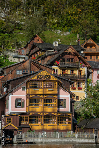 Traditional wooden houses in Hallstatt alpine village along the lakeshore © Karl Allen Lugmayer