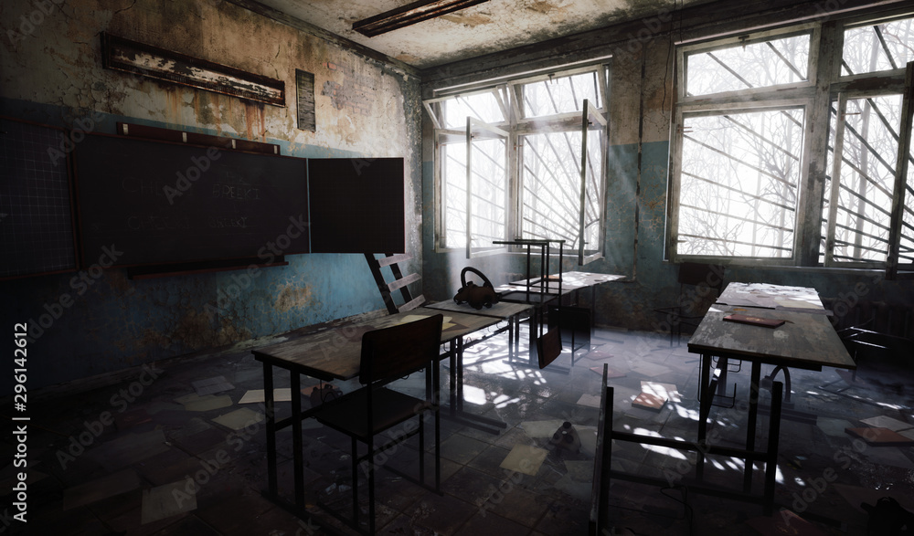 Chernobyl abandoned school classroom sun light window
