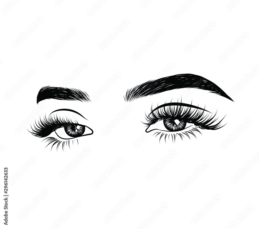 Abstract fashion illustration of the eye with creative makeup. Hand drawn vector idea for business visit cards, templates, web, salon banners,brochures. Natural eyebrows and glam eyelashes