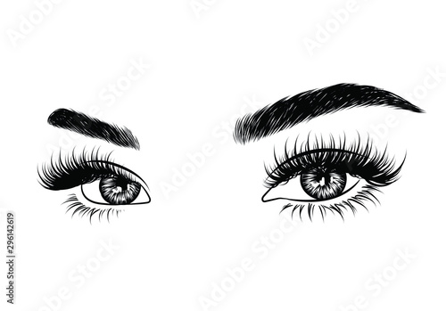Abstract fashion illustration of the eye with creative makeup. Hand drawn vector idea for business visit cards, templates, web, salon banners,brochures. Natural eyebrows and glam eyelashes